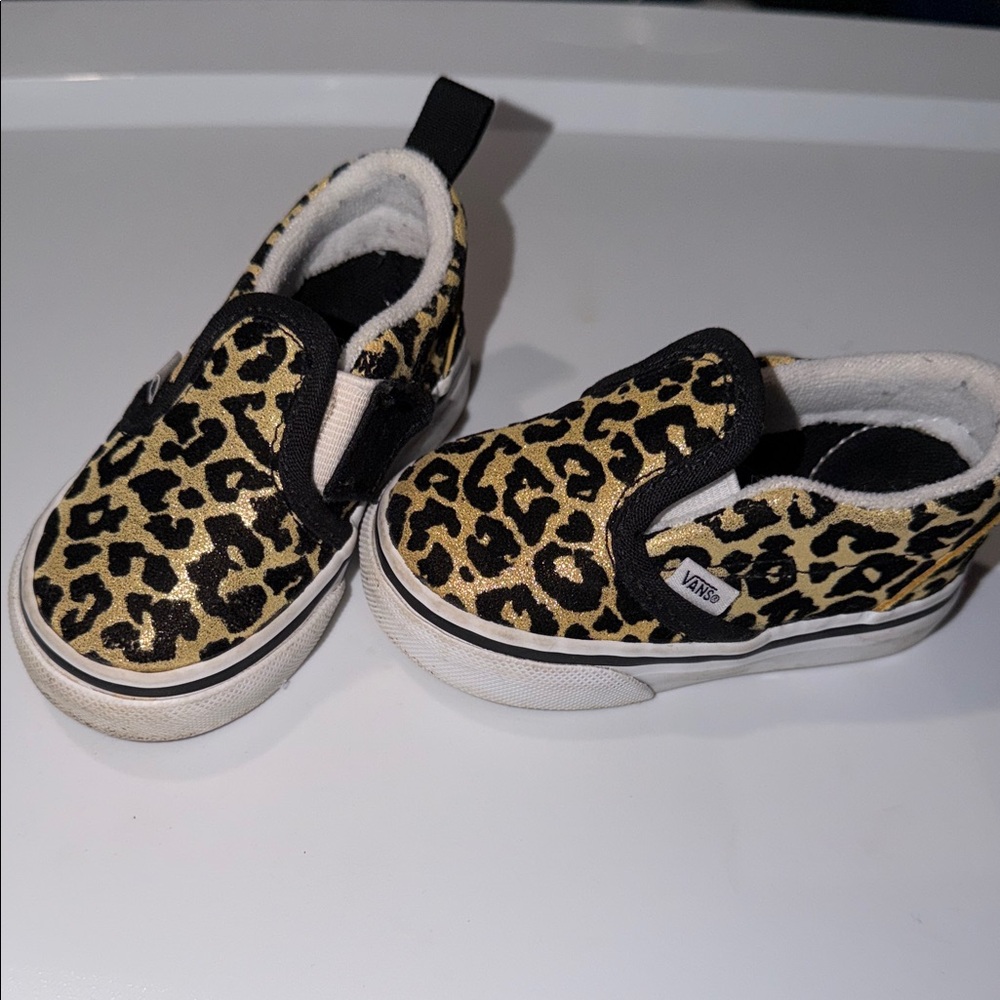 Vans Kids Black and Tan Leopard Slip-On Sneakers